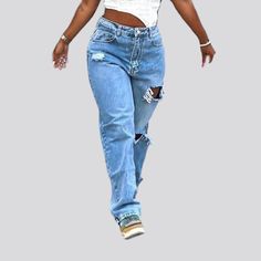 Make a statement this summer with our 2023 Summer Collection of grunge-inspired straight-leg distressed jeans! Featuring a mid-waist fit. luxurious denim fabric. zipper and button closure. and raw hem for an edgy look. these jeans will make you stand out from the crowd.Distinctive Features: Grunge-Inspired: Stand out from the crowd with these unique and fashionable jeans. Straight-Leg: Flatter your figure with a timeless straight-leg fit. Distressed: Achieve an effortlessly cool. vintage look. M Streetwear Cropped Jeans With Frayed Hem, Trendy Ripped Medium Wash Cropped Jeans, Trendy Ripped Cropped Jeans In Medium Wash, Trendy Rigid Denim Jeans With Frayed Hem, Chic Ripped Jeans For Streetwear, Edgy High Rise Medium Wash Jeans, Trendy Ripped High Rise Cropped Jeans, Trendy High Rise Ripped Cropped Jeans, Trendy Rigid Denim Cutoff Flare Jeans