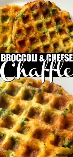 broccoli and cheese waffles on a plate with the words, broccoli and cheese waffle