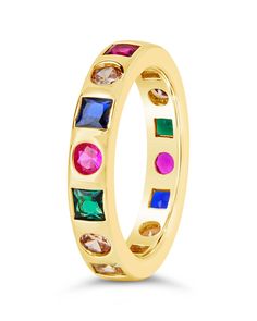 Liven up your look with this Courtney Ring! This sparkling band ring features rainbow-hued CZ stones in a wild array of shapes - it's like a rainbow, but better! (Let's be real, rainbows don't sparkle nearly as much!) Get ready to rock a look that turns heads - in all the colors of the wind. Materials: 14k gold or rhodium plated brass, cubic zirconia Features: 4mm band, 3mm CZ stones, Lead & Nickel free Adjustable Multicolor Crystal Promise Ring, Multicolor Cubic Zirconia Stackable Rings, Multicolor Stackable Cubic Zirconia Rings, Multicolor Stackable Birthstone Ring For Promise, Adjustable Multicolor Birthstone Promise Ring, Multicolor Stackable Birthstone Promise Ring, Adjustable Multicolor Multi-stone Rings, Colors Of The Wind, Rainbow Band