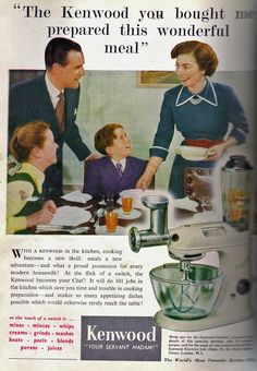 an old advertisement for kenwood appliances shows two men and three children in the kitchen