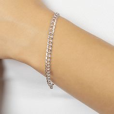 Simple and sleek best describes this silver treasures sterling silver link chain bracelet. Bracelet is crafted in quality sterling silver, 7.5 inches in length, semisolid link chain construction and has a lobster clasp closure. Wear this bracelet alone or with other favorite bracelets in your jewelry collection. Wipe bracelet clean with a soft cloth.Features: Nickel FreeCircumference: 7 1/2 InchJewelry Closure: Lobster ClaspLink Construction: SemisolidMetal Color: WhiteChain Length: 7 1/2 InchC… Elegant Silver Box Chain Bracelet, Silver Box Chain Charm Bracelet For Everyday, Everyday Silver Curb Chain Bracelets, Everyday Silver Charm Bracelet With Box Chain, Silver Cuban Link Jubilee Bracelet For Everyday, Classic Silver Cuban Link Bracelet With Oval Links, Minimalist Silver Charm Bracelet For Formal Occasions, Sterling Silver Cuban Link Bracelet In White Gold, Elegant Sterling Silver Cuban Link Bracelet For Everyday