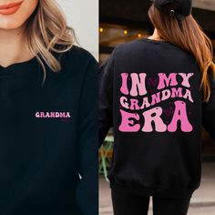 two women wearing matching sweatshirts with the words in my grandma era printed on them