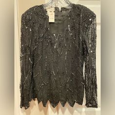 Stenay Top Black Silk Sequin Bead Round Neck Sheer Long Sleeve Back Zip Size Small Elegant Embellished Holiday Blouse, Formal Black Embellished Blouse, Elegant Beaded Blouse For Party, Elegant Formal Blouse With Beaded Details, Elegant Beaded Blouse For Formal Occasions, Elegant Beaded Tops For Night Out, Elegant Beaded Tops For Party, Chic Beaded Blouse For Party, Elegant Fitted Beaded Blouse