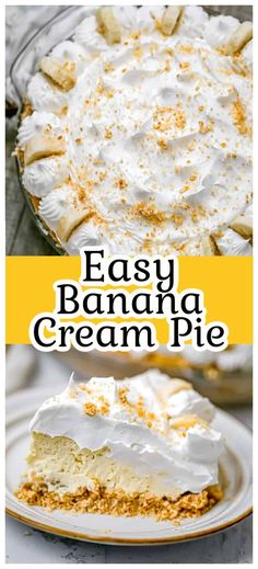 an easy banana cream pie on a white plate with the title overlay above it