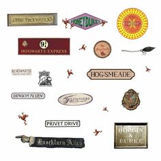 harry potter stickers are arranged on a white background, including hogwarts express and hogsmead