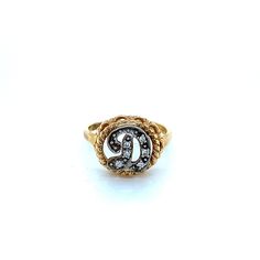 Vintage 14K Yellow Gold Diamond Initial D Signet Ring - There are 6 round diamonds that weigh about .06ct and they are hand set in a white gold script letter D. Weight : 3.30 grams  Size: 5 3/4 Custom sizing available upon request White Diamond Initial Ring For Anniversary, Classic White Gold Initial Ring With Diamond Accents, Classic Initial Ring With Diamond Accents For Formal Occasions, Oval Initial Ring With Diamond Accents For Anniversary, Formal Initial Ring With Diamond Accents, Anniversary Initial Ring With Diamond Accents, Oval Shape, Anniversary Diamond Initial Ring Stamped 14k, Yellow Gold Diamond Ring With Initials For Formal Occasions, Yellow Gold Diamond Ring With Initials For Formal Events