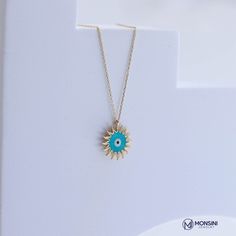 14K Real Gold Mini Sun Turquoise Enamel Pendant Minimal Design Dainty Necklace Brilliant Surface Gift for Women Valentine's Day Birthdays ❤❤【Materials & Specifications】❤❤ ❤【All of our products are 585 14K Original Gold】 Pendant Width:1.5cm (0.59in) Pendant Length:1.5cm (0.59in) ❤【Available in 4 different chain lengths】 42 cm (16.5 in) 44 cm (17.3 in) 46 cm (18.1 in) 48 cm (18.8 in) ❤❤Good Vibes Only❤❤ Every day has something to celebrate. wear your necklace as a reminder to smile, stay posit Fine Jewelry In 14k Gold With Turquoise, 14k Gold Turquoise Fine Jewelry, Turquoise 14k Gold Fine Jewelry, Sterling Silver Turquoise Evil Eye Jewelry, Blue Jewelry For May Birthstone Gift, Blue Jewelry Gift For May Birthstone, Blue May Birthstone Jewelry For Gift, Blue Tarnish-resistant Jewelry For Anniversary, Turquoise Evil Eye Round Pendant Jewelry