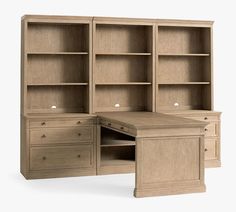 an office desk with two drawers and a bookcase on one side, open to the other