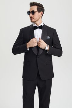 This one button tuxedo by Stacy Adams features a wide black satin shawl lapel, matching pants and vest. This comes in a hybrid fit (Sizes 34-44 = Slim Fit | Sizes 46+ = Modern Fit) Fitted Single Breasted Tuxedo For Black Tie Events, Tailored Tuxedo For Semi-formal Occasions, Black Notch Lapel Tuxedo For Formal Occasions, Single Button Tuxedo For Black Tie Events, Classic Black Suits For Gala, Tailored Notch Lapel Tuxedo For Black Tie Events, Notch Lapel Tuxedo For Black Tie Events, Custom Fit Notch Lapel Tuxedo For Black Tie Events, Tailored Tuxedo For Black Tie Event