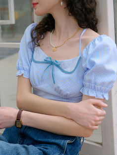 Color: Light Blue
Details: Lace, Bow
Type: Top
Sleeve Length: Short Sleeve
Sleeve Type: Puff Sleeve
Length: Regular
Fit Type:    Regular Fit
Fabric: Non-Stretch
Composition: 100% polyester Light Blue Top Outfit, Light Blue Outfits, Blue Top Outfit, Cottage Core Fashion, Party Dress Codes, Light Blue Top, Clothes Korean Style, Square Neck Top, Plaid Blouse