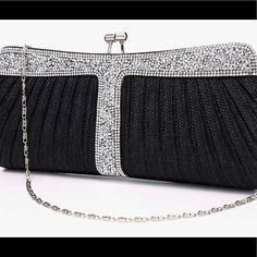 Dayana Fontana Nyc Perfect This Art Deco Bag Evening Or Parties Color Options Black, Gold, Silver, Pink Rhinestone Clutch Rhinestones Sparkling And Silver Metal Hardware Size Approx. 10.5 L X 4.8h X 1.7w Shoulder Chain Strap 24” Fabric Satin Lining Condiction New With Tags Embellished Black Clutch Bag, Black Evening Bags With Bling, Black Embellished Clutch Bag, Chic Black Evening Bag With Rhinestones, Luxury Bags With Rhinestone Fringe, Black Evening Bag With Rhinestones, Black Rhinestone Clutch For Party, Rhinestone Clutch For Gala, Luxury Black Rhinestone Shoulder Bag