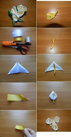 the steps to make origami flowers are shown in different positions and sizes, including one being folded