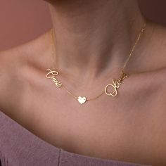 Stylish and minimalist 14K gold personalized mom necklace with kids names for everyday wear. Great for layering.  Unique personalized gift idea to show love to the important people in your life with a cute, dainty, and creative gift. You can add the names of your family members for a unique personalized gift for mothers.. The two names necklace can also be a special anniversary gift for significant others. Just engrave your and his/her name. It is a perfect gift. This custom name necklace with h Dainty Birthday Charm Necklace With Names, Dainty Name Charm Necklace For Birthday, Customizable Name Necklace For Valentine's Day Gift For Mom, Minimalist Custom Name Necklace For Birthday, Customized Minimalist Name Necklace For Birthday, Minimalist Customizable Charm Necklace For Birthday, Name Necklace For Mom As Valentine's Day Gift, Dainty Custom Name Charm Necklaces For Birthdays, Customized Dainty Name Necklace For Mother's Day