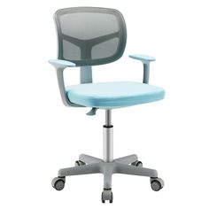 an office chair with wheels and a blue seat pad on the back, against a white background