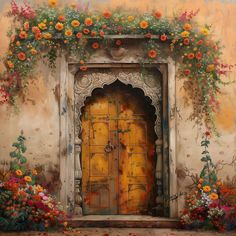 an oil painting of a yellow door surrounded by flowers