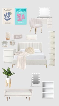 a bedroom with white furniture and accessories