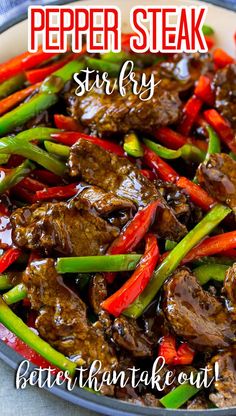 beef stir fry in a pan with red peppers and green peppers on the side, text overlay