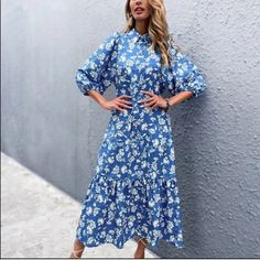 Brand New With Tags. Spring Midi Dress With Ruffle Hem For Casual Wear, Blue Long-sleeve Dress With Ruffle Hem, Elegant Blue Floral Long Sleeve Dress, Elegant Blue Long Sleeve Floral Dress, Elegant Long Sleeve Blue Floral Dress, Light Blue Floral Dress For Spring, Blue Ruffle Hem Dress For Daywear, Blue Ruffle Hem Dress For Brunch, Blue Daywear Dress With Ruffle Hem