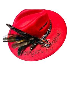 Introducing the Red Watermelon Moonshine Custom Rancher, a meticulously crafted hat that blends sophistication and style, perfect for the discerning professional seeking a touch of unique elegance. Red Western Fedora For Kentucky Derby, Red Western-style Party Hat, Western Style Felt Hat For Winter Festivals, Western Style Winter Festival Felt Hat, Red Western Style Party Hat, Adjustable Red Felt Hat For Western-themed Events, Vintage Felt Hat For Fall Festival, Red Brimmed Costume Hat For Festival, Red Fedora Hat For Festivals