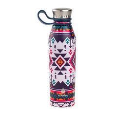 thermos bottle is decorated with colorful designs and features a stainless steel lid,