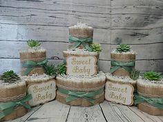 there is a cake made out of burlocks and succulents