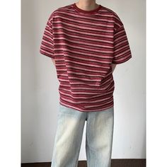 Wiaofellas Summer Shoulder Pad T Shirt Men Fashion Oversized Stripe Tshirt Men Streetwear Korean Loose Cotton Short Sleeve T-shirt Mens Top Casual Striped Crew Neck Shirt, Casual Striped Short Sleeve T-shirt, Red Oversized Short Sleeve T-shirt, Casual Striped Crew Neck T-shirt, Casual Striped T-shirt For Streetwear, Striped Oversized Short Sleeve T-shirt, Casual Red T-shirt, Oversized Red Casual Shirt, Casual Striped Tops For Streetwear