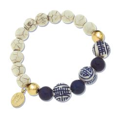 The weathered texture of genuine white turquoise and blue lapis blend beautifully with our Blue & White beads, evoking true antique Blue & White porcelain. One Size Fits Most Stretch Bracelet Handcast 24Kt Gold Plated Handmade in San Antonio, TX Susan Shaw, Semi Precious Stone Bracelet, Blue White Porcelain, Jewelry Making Necklace, Antique Blue, White Turquoise, Blue Lapis, 24kt Gold, Beaded Bracelets Diy