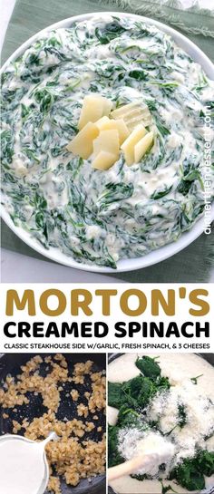 the ingredients for this creamy spinach and cheese dish are shown in four different pictures