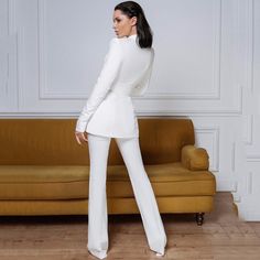 Women Suit Blazer With Belt +Flare Pants Set / Fashionsarah.com Elegant Fall Set With High-waisted Pants, Chic White Pants For Tailoring, Fitted Fall Suit Trousers, Elegant Long-sleeved Slim Fit Sets, Elegant Long Sleeve Slim Fit Set, Elegant Slim Fit Long Sleeve Sets, Elegant Formal Set With High-waisted Pants, Fitted Suits With Trousers For Parties, Chic Fitted Pantsuit With Suit Collar