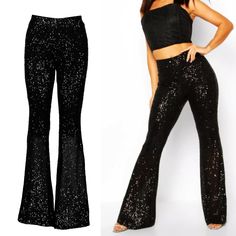 FULLY SEQUINED FABRIC : Shine brighter than ever before and turn heads with bold, sparkly designs with a pair of Studio 54 Fashion Women's Sequined Flare Pants Leggings and shine a light on how good you look! SPANDEX LINING STRETCH : Our Women's Sequin Flare Pants are lined with a comfy, spandex fabric to make the holiday parties comfortable. Outer layer mesh is covered with tiny sequins in orderly vertical stripes. Inside soft stretch lining prevents sequins from rubbing/scratching your legs an Disco Style Glitter Bottoms For Summer, Glitter Disco Bottoms For Summer, Summer Disco Glitter Bottoms, Disco Stretch Party Bottoms, Disco Style Glitter Pants For Party, Glitter Bottoms For Summer Evening, Summer Evening Glitter Bottoms, Sequin High Waist Wide Leg Pants For Party, Disco Party Bottoms With Glitter