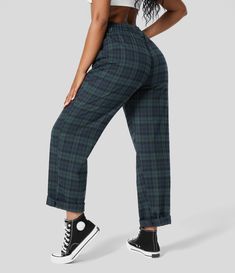 Women’s Mid Rise Button Zipper Side Pocket Plaid Straight Leg Casual Pants - Halara Alternative Outfits Work, Casual Plaid Pants Outfit, Style For Tall Women, Dressing Professional, Plus Size Office, Plaid Pants Women, Fall Plaid, Outfit Inspiration Fall, Bleach Wash