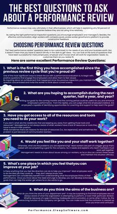 the best questions to ask about a performance review infographical poster with text below