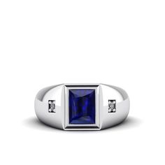 Simply stated and perfectly on-trend, this sapphire ring lends a look of refined sophistication to just about any attire. ---------------------- Metal: Sterling Silver Purity: 925 (hallmarked)Gemstone: SapphireCarat Total Weight: 2.40Cut: Faceted Rectangle0.8 x 0.6 cm (0.3" x 0.2")Setting Type: BezelAccent Stones: DiamondsCarat Total Weight: 0.06Setting Type: Pave Cut: GoodColor: HClarity: VS1Ring width: 5.2 mm / 0.2" wide across the undersideProduct weight: 10 gr (0.35 oz)