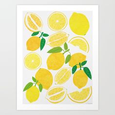 a drawing of lemons and limes with green leaves