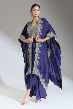 Purple asymmetric hem cape with floral zardozi embroidered borders. - Aza Fashions Cape Women, Cape For Women, Mithila Palkar, Jayanti Reddy, Cape Pattern, Anushree Reddy, Payal Singhal, Rohit Bal, Anamika Khanna