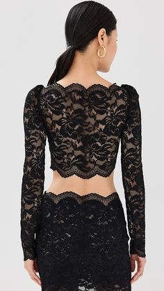 rabanne Haut Blouse | Shopbop Elegant Cropped Top With Delicate Lace, Fitted Cropped Lace Top With Scalloped Edges, Fitted Cropped Lace Top With Scalloped Lace, Elegant Cropped Lace Top, Fitted Lace Top With Scalloped Edges, Formal Long Sleeve Tops With Scalloped Lace, Elegant Scalloped Lace Cropped Top, Scalloped Lace Long Sleeve Top For Night Out, Fitted Lace With Lace Trim For Night Out