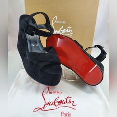 Nwt$1,195 Christian Louboutin Supramariza 130 Black Red Sole Velvet Suede Wedge Heel Sandals Sz Eu 38 (Like Most Louboutin This Style Runs Small) Upper: Calf Leather Lining: Leather Sole: Leather Insole, Rubber Sole Toe Shape: Round Open Toe Made In Spain Designer Color Name: Black/Lin Black Closure: Buckle Fastening 5cm-2" Platform 13cm-5" Wedge Heel Non-Slip Rubber Red Soles Are The Best Types Of Louboutin's!!!! No Slipping Or Falling! Brand New!! 100% Authentic With Original Box And Dustbag!! Evening Closed Toe Wedge Sandals With Heel Loop, High Heel Wedge Sandals With Red Sole, Modern Sandals With Red Sole For Evening, Luxury Open Heel Platform Wedge Sandals, Modern Evening Sandals With Red Sole, Luxury Wedge Sandals With Deep Heel Cup, Formal Sandals With Red Sole And Round Toe, Formal Sandals With Round Toe And Red Sole, Luxury Platform Wedge Sandals For Formal Events