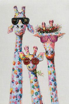 two giraffes with sunglasses on their heads