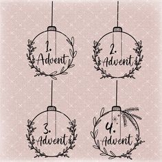 four ornaments with the names of three different things hanging from strings, each containing an ornament