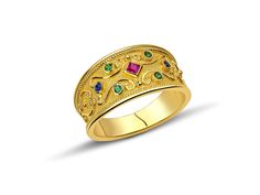 "The beauty of Byzantine style jewelry, completely handcrafted in Greece with the old-fashioned way, is omnipresent. An outstanding 18K solid yellow gold ring with Byzantine design decorated with natural gemstones, remains a classic and elegant choice for everyone. Bold and traditional, you will not take your eyes over your finger. Neither will your friends! High Quality Handmade Greek jewelry! This is a stunning ring that works well for all occasions, styles, and ages. You will love it! ✔ Dimen Traditional Yellow Gold Emerald Ring Gift, Traditional Gold Emerald Anniversary Ring, Antique Gold Emerald Ring With Multi-stone, Antique Gold Multi-stone Emerald Ring, Heirloom Multi-stone Emerald Ring In Gold, Ornate Yellow Gold Ruby Ring With Intricate Design, Ornate Yellow Gold Ceremonial Ring, Ornate Yellow Gold Ring For Ceremonial Occasions, Ornate Yellow Gold Ruby Ring Gift