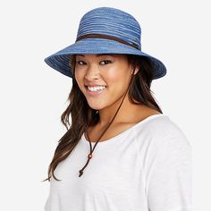 Women's Packable Straw Hat - Wide Brim | Eddie Bauer Lightweight Bucket Hat With Curved Brim For Vacation, Lightweight Curved Brim Bucket Hat For Vacation, Blue Sun Hat For Vacation, Lightweight Short Brim Bucket Hat For Vacation, Lightweight Spring Bucket Hat For Outdoor, Lightweight Packable Bucket Hat For Beach, Lightweight Adjustable Fit Summer Bucket Hat, Casual Packable Straw Hat For Outdoor, Spring Outdoor Sun Hat With Uv Protection