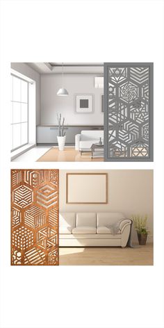 two different views of a living room with furniture and wall art on the walls, one in