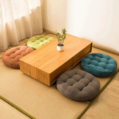 three round cushions sit on the floor in front of a coffee table with a potted plant