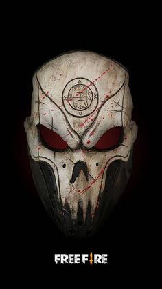 a white mask with red eyes and the words free fire written in black on it