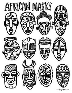 african masks with the words african masks written in black ink on a white paper background