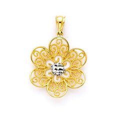 "14K Two-tone solid gold Filigree Flower Charm with rhodium diamond cut accents. Measures 1 1/8\"x3/4\" Also available are the matching earrings, and ring. A wonderful set for that wonderful someone. Made to order. Free shipping." Gold Flower Shaped Jewelry With Diamond Accents, Gold Flower-shaped Jewelry With Diamond Accents, Exquisite Yellow Gold Flower-shaped Jewelry, White 14k Gold Filigree Jewelry, 14k Gold Jewelry With Diamond Accents In Flower Shape, Gold Flower Heirloom Jewelry, Heirloom Gold Flower Jewelry, Heirloom Flower-shaped Gold Jewelry, Fine Jewelry In Yellow Gold With Flower Shape