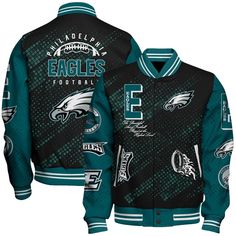 Philadelphia Eagles National Football League Pattern Varsity Jacket V13 VARSITY JACKET The varsity jacket is perfect for the ones who are looking for a statement outwear option to make a cool casual outfit. It is not only trendy but also a practical item to wear during the colder season. It is perfect for casual wear,... Baseball Attire, Eagles Baseball, Football Fan Gifts, Philadelphia Eagles Logo, Football Jacket, Eagles Logo, Jacket Sport, Nfl Philadelphia Eagles, Football Jackets