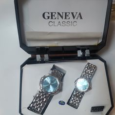 New Geneva Watch Set New With Box Silver Timeless Watch Accessories For Gift, Timeless Silver Watch Accessories For Gift, Elegant Blue Watch Accessories For Gift, Elegant Blue Watch Accessories As Gift, Elegant Blue Watch Accessories With Diamond Hour Markers, Silver Watch Accessories With Round Dial For Gift, Silver Watch Accessories As A Gift, Elegant Blue Watches For Formal Occasions, Elegant Blue Jewelry And Watches For Formal Occasions