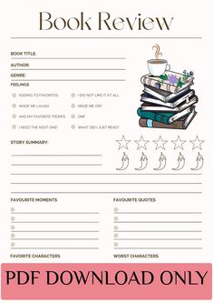 the book review form is shown with books stacked on top of each other