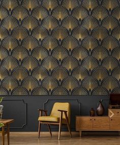 an art deco style wallpaper with gold and black fan pattern on the walls, in a living room